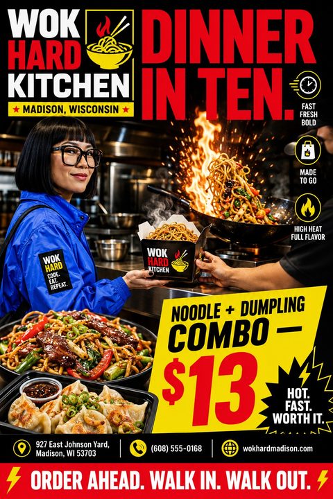 A vibrant flyer for a takeaway restaurant featuring a woman receiving a takeout box of noodles in front of a flaming wok. The flyer highlights a 'Dinner in Ten' message and a $13 Noodle + Dumpling Combo deal.