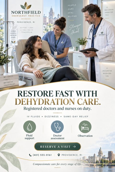 A flyer for Northfield Emergency Practice promoting dehydration care. The top half shows a female patient receiving an IV, attended by a female nurse and a male doctor in a modern clinic. The bottom half features the text 'Restore fast with.