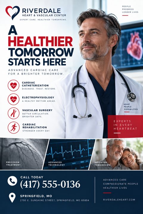 A professional medical flyer featuring a large portrait of a male doctor with a stethoscope. The design uses navy blue and red accents, listing cardiac services with icons alongside smaller medical and patient photos.