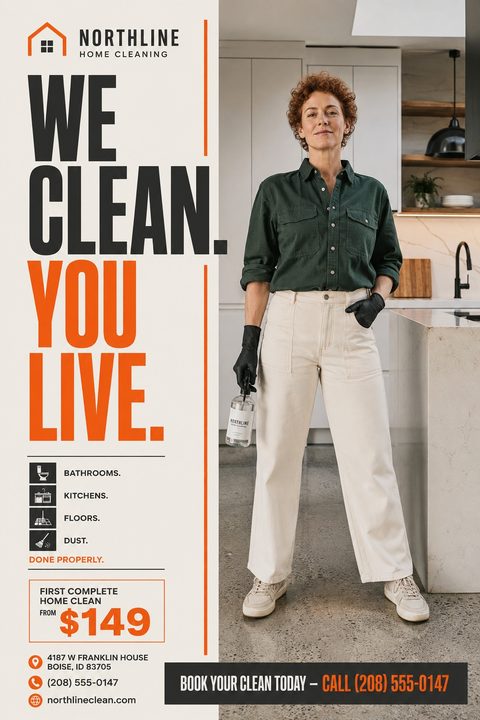 A home cleaning flyer with a large photo of a cleaner holding a spray bottle. Bold text reads 'WE CLEAN. YOU LIVE.' with a list of services and a $149 introductory offer.