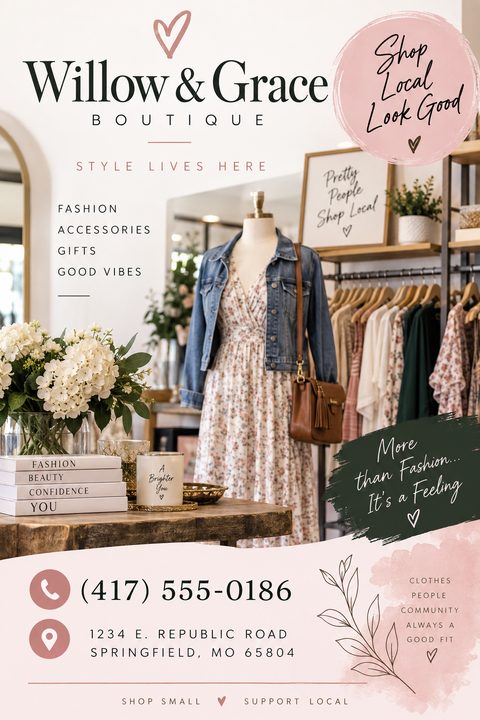 A flyer for a boutique with a photo of a clothing store interior featuring a mannequin in a floral dress and denim jacket. The design includes soft pink watercolor accents and elegant text.