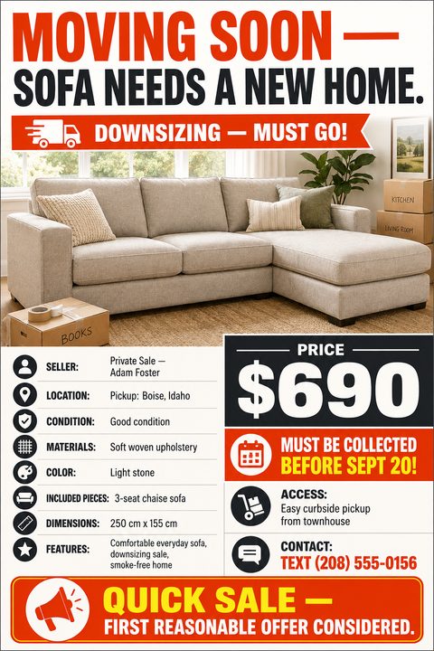 Flyer for a sofa sale. Large text reads 'Moving Soon - Sofa Needs A New Home'. A photo shows a light-colored sectional sofa with moving boxes. Below are details like price, condition, and contact info.
