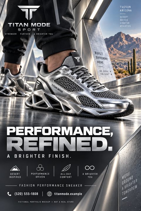 Flyer template for a sneaker brand featuring a close-up of a person wearing a metallic silver athletic shoe with a futuristic design. The background shows a desert landscape with mountains and cacti. Text reads 'Performance, Refined. A Brighter.