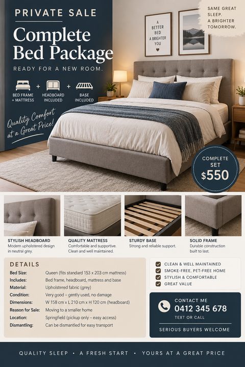 A flyer for a private sale of a complete bed package. It features a large photo of a grey upholstered bed, four smaller detail photos of the headboard, mattress, base, and frame, and a section for details like size, condition, and contact.