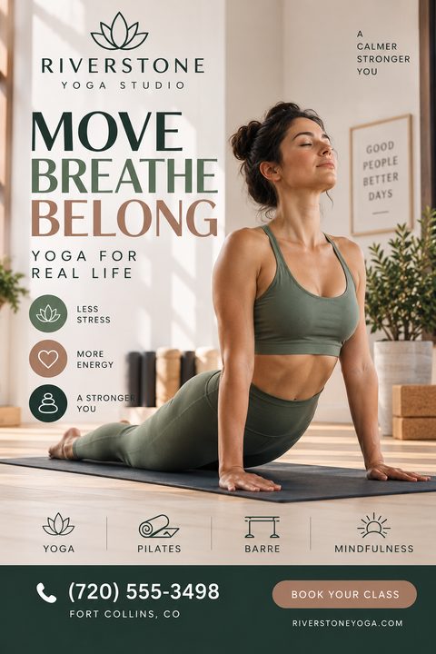 A serene yoga studio flyer featuring a woman in upward dog pose. The design uses earthy sage green and terracotta tones, with clean typography, benefit icons, and a dark green footer.