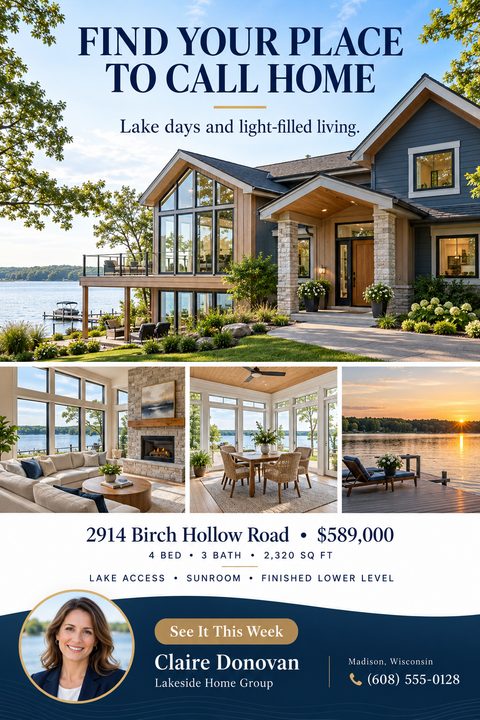 A real estate listing flyer featuring a large lakefront house photo above a three-photo grid. The design uses elegant navy blue and gold accents, with an agent headshot and contact details at the bottom.
