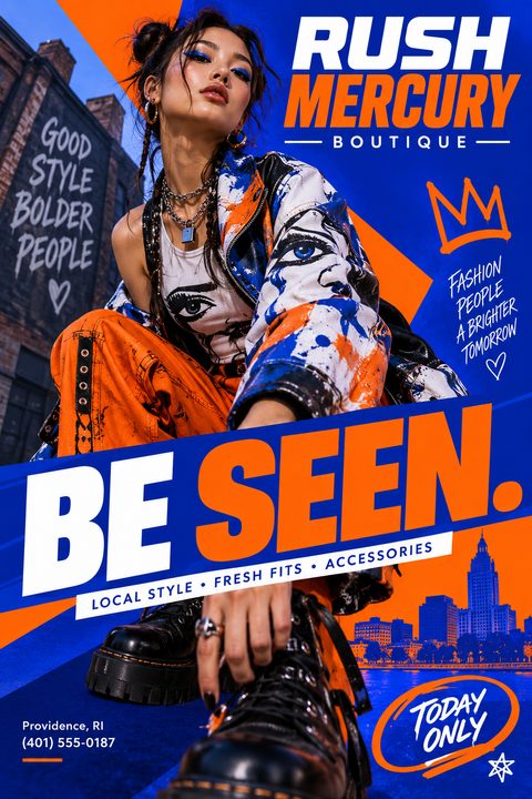 Flyer for a streetwear boutique featuring a model in edgy, paint-splattered clothing and chunky boots, crouching against an urban backdrop. Bold blue and orange diagonal text blocks read 'Rush Mercury Boutique' and 'Be Seen.'