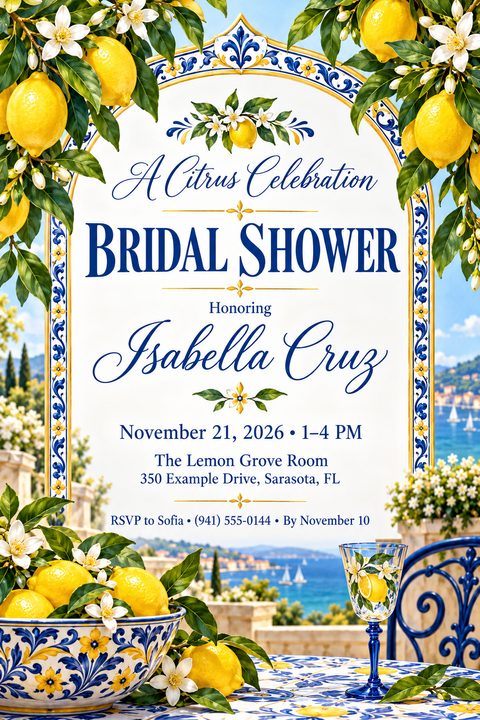 Bridal shower invitation flyer with a Mediterranean theme. The design features a central white arch framed by blue and yellow patterned tiles. Lush lemon branches with white blossoms hang from the top corners. Below the arch, a table is set with a.