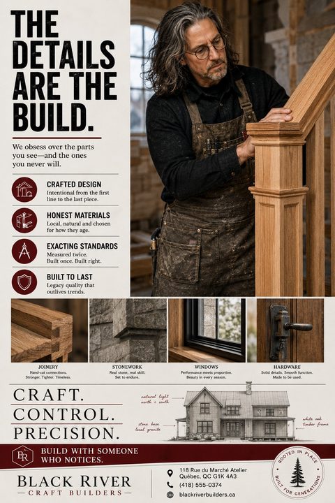 A rustic flyer for a craft builder featuring a large photo of a carpenter working on a wooden staircase, smaller detail shots of joinery and stonework, and a house blueprint sketch.