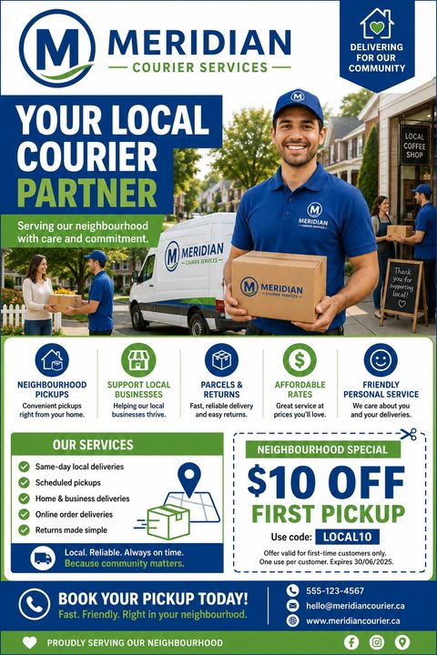 A courier service flyer in navy blue and green. It features a smiling delivery driver holding a box, a white van, service icons, a list of services, and a tear-off discount coupon.