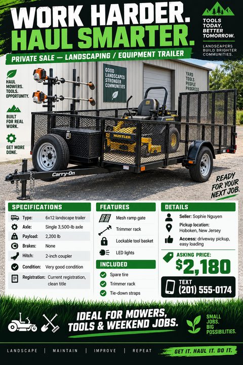 Flyer for a private sale of a landscaping/equipment trailer. Features a large photo of a black utility trailer with a yellow mower inside. Sections detail specifications, features, included items, seller details, and an asking price of $2,180.