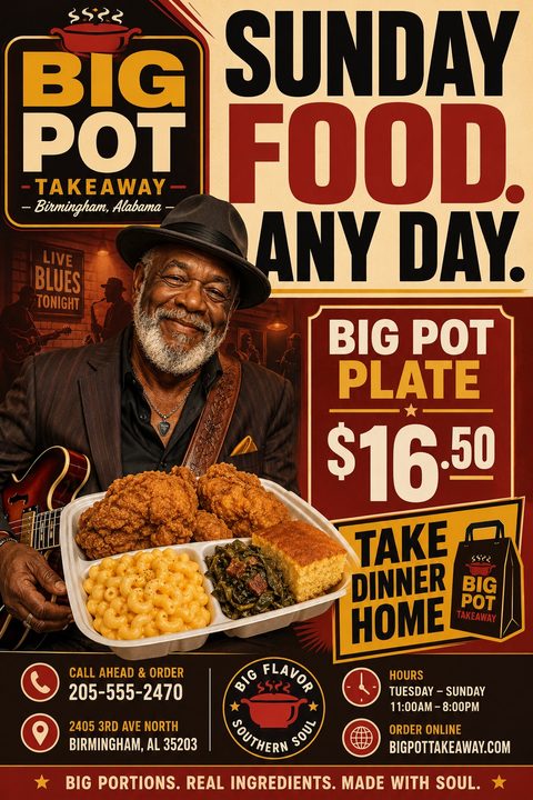 A vintage-style takeaway flyer featuring a smiling older man with a guitar holding a large plate of fried chicken, mac and cheese, and greens. Bold text advertises a meal deal and takeout options.