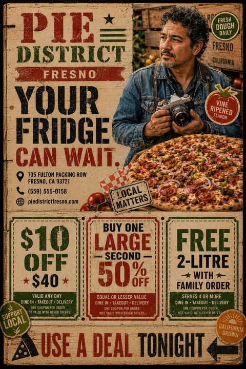 A rustic pizza flyer with a wood-grain background. The top half features a man holding a camera next to a large pizza. The bottom half has three coupon boxes with special offers.