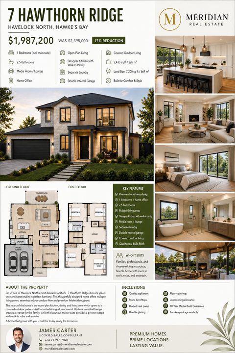 Real estate flyer featuring a large modern two-story house, five interior photos in a grid, detailed floor plans, property features, price reduction banner, and agent contact information on a light background.