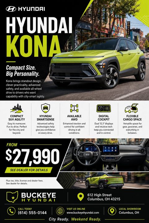 A car sales flyer featuring a large green SUV on a city street, a white section with five feature icons, a black section with a large price, and interior/exterior detail photos.