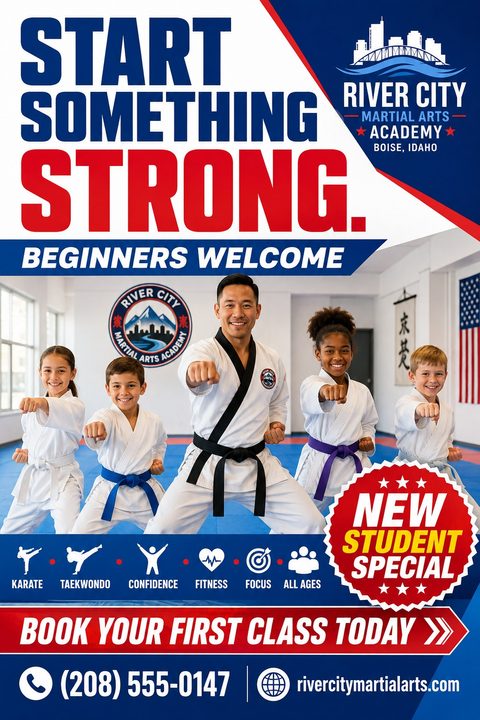 A martial arts flyer featuring a bold red, white, and blue design. A central photo shows an instructor and four children in uniforms punching forward. A red badge reads New Student Special.