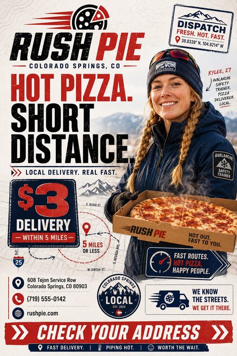 A rugged pizza delivery flyer featuring a woman in winter gear holding a hot pepperoni pizza. The design includes bold red and navy text, a delivery zone map, and local business badges.