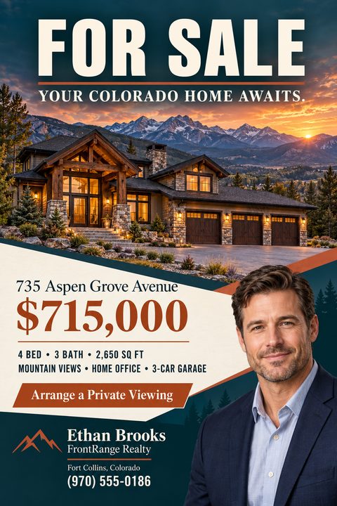 Real estate for sale flyer featuring a large photo of a luxury mountain home at sunset, a cream section with property details and price, and a dark teal section with a realtor headshot.