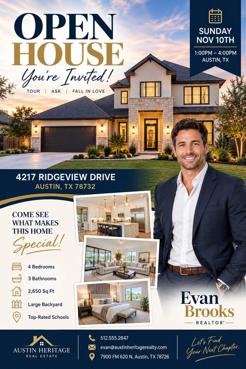 Real estate open house flyer with a large photo of a two-story house at twilight, three smaller interior photos, a realtor portrait, and property details in navy and gold.