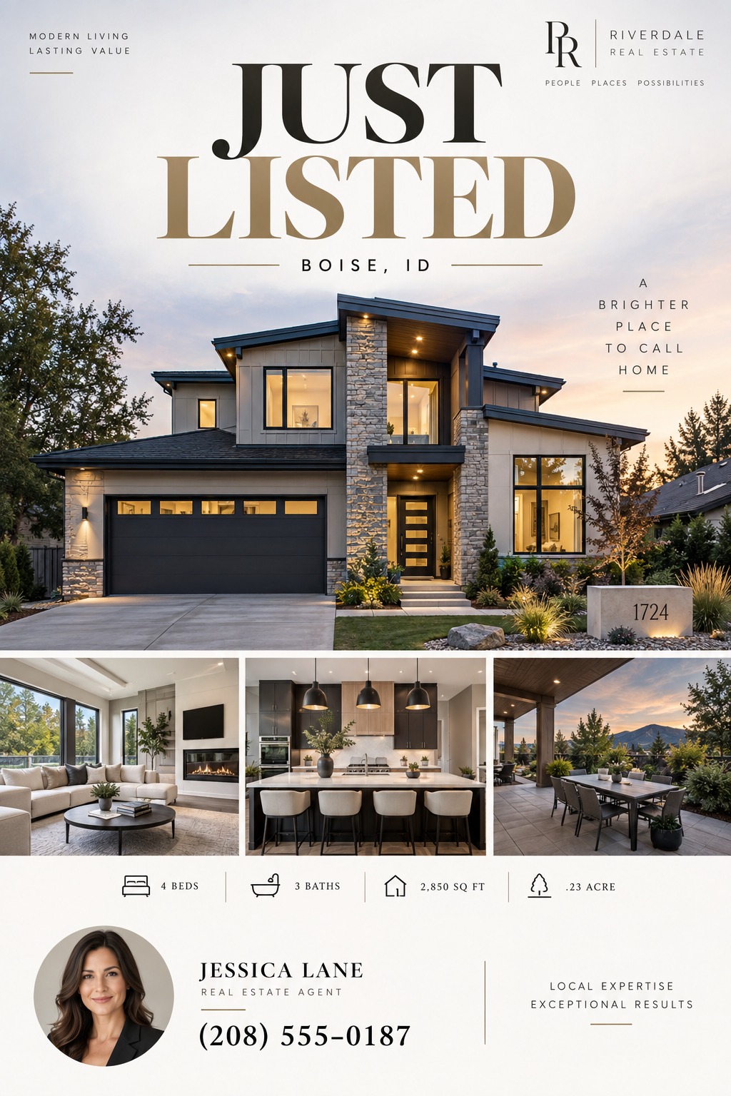 Real estate flyer template with 'Just Listed' in large, elegant serif font. Features a large exterior photo of a modern home at dusk, three smaller interior/exterior photos below, property details with icons, and an agent headshot with contact info.