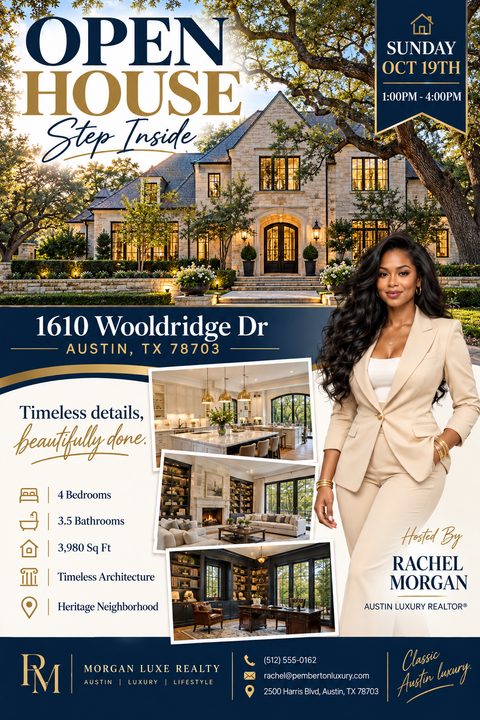 A real estate open house flyer with a navy and gold color scheme. It features a large exterior home photo, a cutout of a female realtor, three interior photos, and property details.