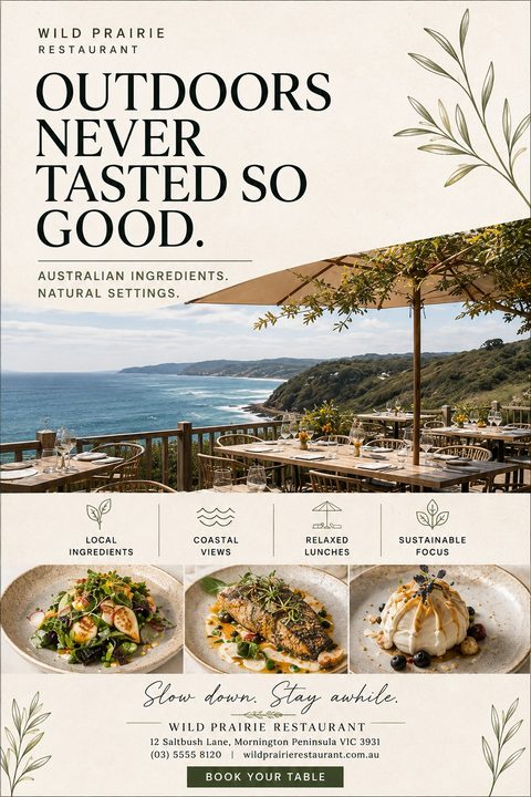 Elegant restaurant flyer on a cream background with botanical line art. Features a large photo of an outdoor dining deck overlooking the ocean, above three smaller photos of gourmet dishes and four feature icons.