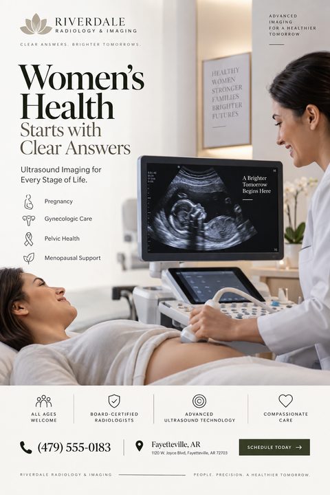A flyer for a radiology and imaging clinic featuring a photo of a pregnant woman receiving an ultrasound from a female technician. The text highlights women's health, pregnancy, gynecologic care, pelvic health, and menopausal support.