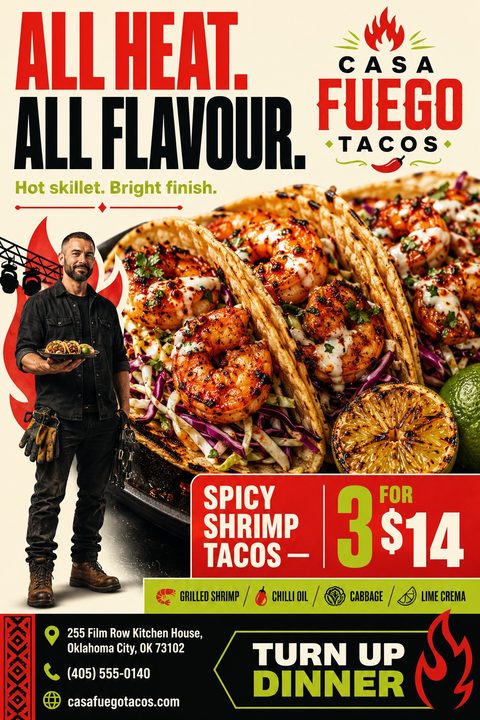 Flyer for Casa Fuego Tacos featuring a large, appetizing photo of spicy shrimp tacos. A man holding a plate of tacos stands to the left. Text reads 'All Heat. All Flavour.' and 'Spicy Shrimp Tacos - 3 for $14'.