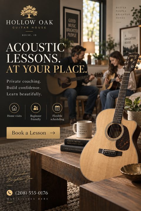 A flyer for acoustic guitar lessons featuring a large acoustic guitar in the foreground. The background shows a teacher and student playing in a cozy, dimly lit living room. Dark background with gold text.