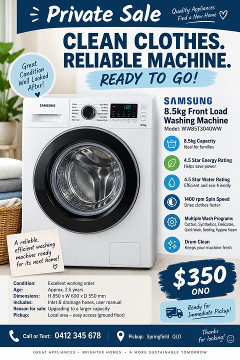 Flyer for a private sale of a Samsung washing machine. Features a large photo of the washer, bullet points listing its features like capacity and energy rating, and a price of $350 ONO.