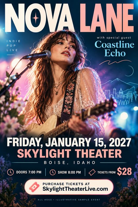 A concert flyer featuring a female musician playing an acoustic guitar on stage. Large bold text at the top reads Nova Lane. Event details, date, venue, and ticket information are displayed below.