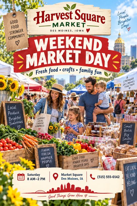 A vibrant flyer for a weekend market featuring a rustic wooden sign, a red ribbon banner, and a photo of a family shopping for fresh produce at an outdoor farmers market.