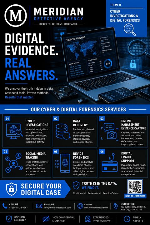 A dark blue and black flyer for a detective agency specializing in cyber investigations and digital forensics. It features a laptop displaying data analysis, a grid of six services with icons, and contact information at the bottom.