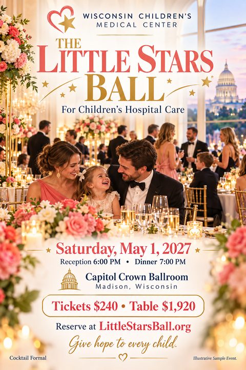 A formal charity gala flyer featuring a happy family at a beautifully decorated dinner table in a grand ballroom with a city view. Text reads 'The Little Stars Ball For Children's Hospital Care' with event details.