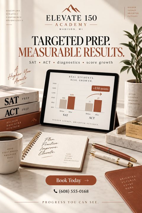 A sophisticated test prep flyer featuring a marble desk with exam books, a coffee cup, pens, and a tablet displaying a bar chart showing score growth. The color palette is cream and rust.