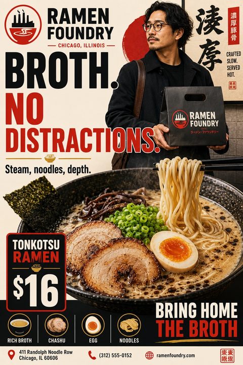 Flyer for a ramen shop featuring a large photo of a bowl of tonkotsu ramen and a man holding a takeout bag. Bold text reads 'Broth. No Distractions.' and 'Bring Home The Broth'.