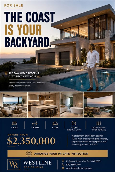 Luxury real estate flyer featuring a large photo of a modern coastal home with a pool at sunset, four smaller interior photos, and property details on a navy blue background with gold text.