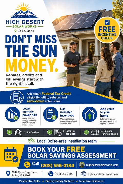 A flyer for a solar installation company with a blue and yellow color scheme. It features a photo of a solar installer talking to a couple in front of a house with solar panels.