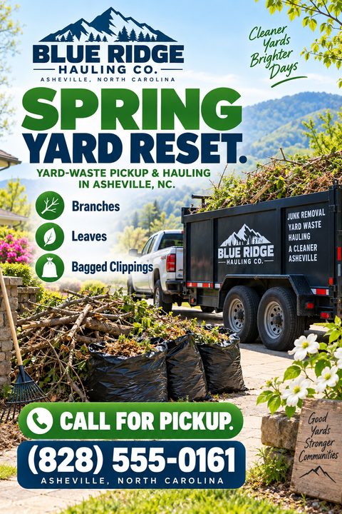 A flyer for yard waste pickup and hauling services featuring a photo of a pickup truck and trailer loaded with branches, alongside piles of yard debris and black trash bags.