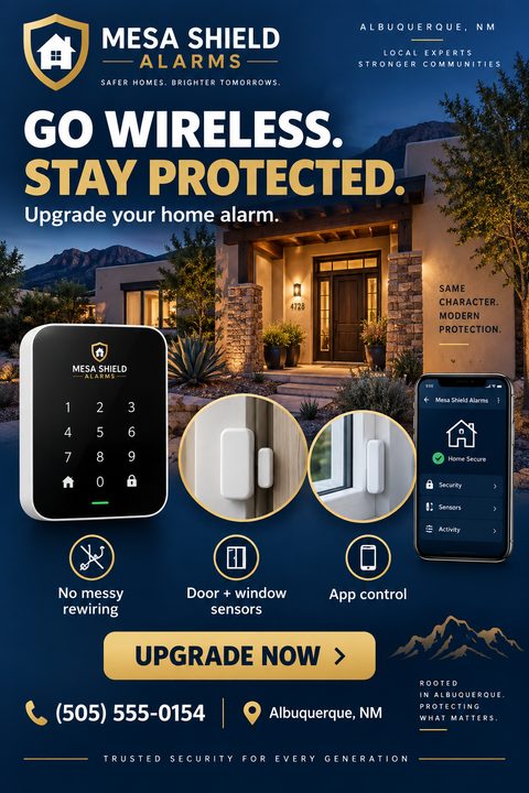 Flyer for a home security company with a navy blue background and gold accents. Features a photo of a modern home exterior, a digital keypad, window sensors, and a smartphone app interface. Text reads 'Go Wireless. Stay Protected. Upgrade your home.
