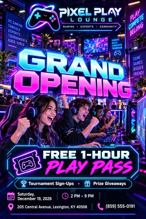 Neon-lit flyer for a gaming lounge grand opening. Features large 3D text, glowing cyan and magenta accents, and a photo of excited gamers wearing headsets playing at a row of PCs.