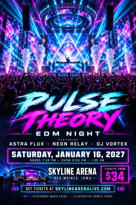 A vibrant EDM concert flyer featuring a DJ on stage with lasers, smoke, and a cheering crowd. Bold cyan and magenta brush typography announces the event details over a dark background.