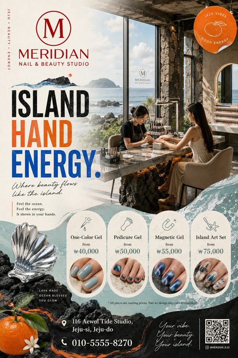 A coastal-themed nail studio flyer featuring a woman getting a manicure with an ocean view. It includes a price list for gel nails and pedicures, decorated with lava rocks, a silver shell, and oranges.