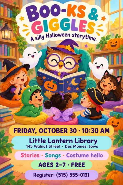 A cute illustration of an owl wearing glasses and a witch hat reading a book to children in Halloween costumes. Friendly ghosts float nearby in a cozy library setting.