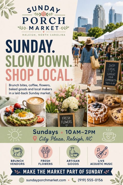 Flyer for Sunday Porch Market in Raleigh, NC, featuring photos of a market scene, avocado toast, fresh flowers, and cinnamon rolls. Text reads 'Sunday. Slow Down. Shop Local.' with icons for brunch vendors, fresh flowers, artisan goods, and live.