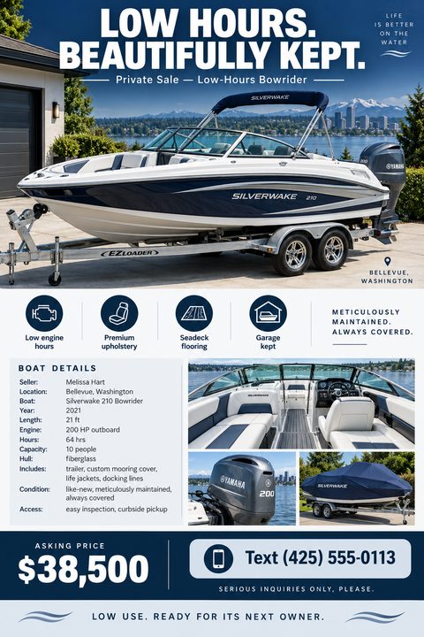 Flyer for a private boat sale. Top half shows a large photo of a white and blue bowrider boat on a trailer. Below are icons for features, a list of boat details, and three smaller photos showing the interior, engine, and boat cover. The bottom has.