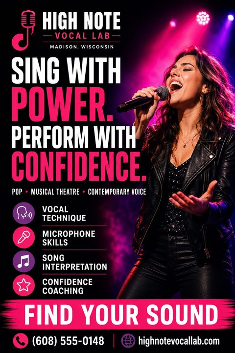 Flyer for High Note Vocal Lab featuring a woman singing passionately into a microphone on a stage with pink and purple lighting. Text reads 'Sing with Power. Perform with Confidence.' and lists services like Vocal Technique and Microphone Skills.
