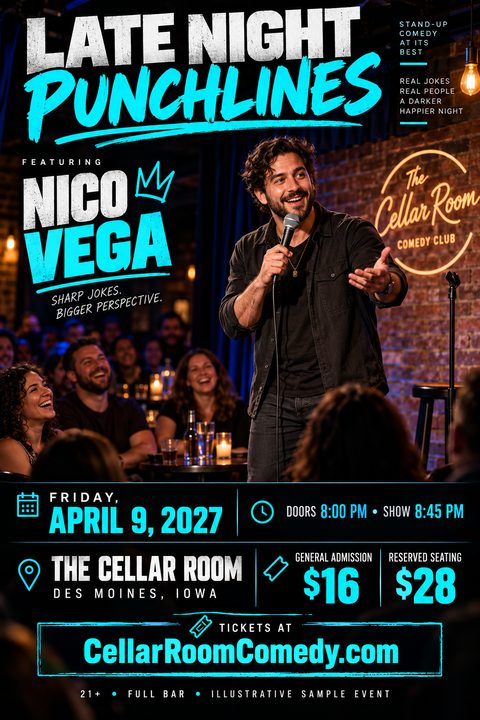 A flyer template for a stand-up comedy show featuring a large photo of a comedian performing to a laughing audience. Bold distressed white text and bright cyan accents highlight the event details and ticket prices.