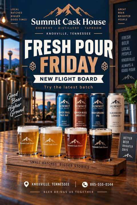 A flyer for a brewery event titled 'Fresh Pour Friday' featuring a photo of a wooden flight board with four glasses of beer and four matching cans in a taproom setting.