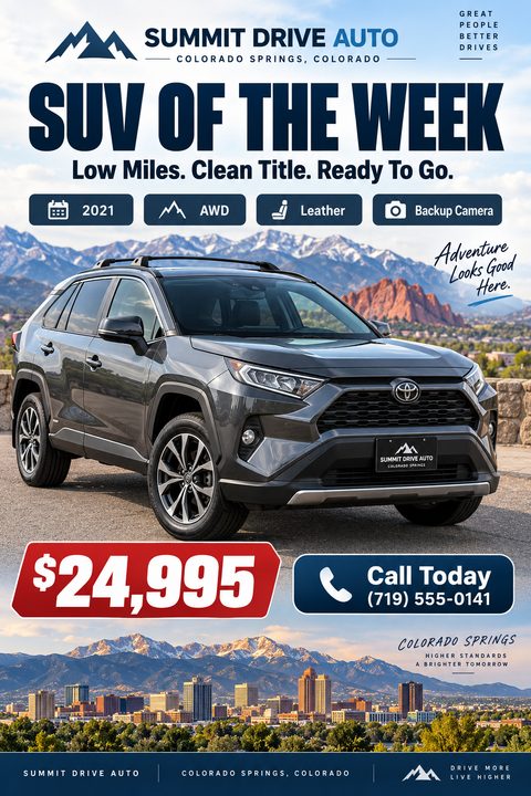 Auto dealership flyer featuring a large photo of a gray SUV against a mountain backdrop, bold navy blue text, feature icons, a red price tag, and a city skyline at the bottom.